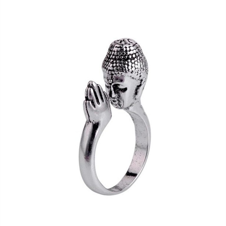 Bague bouddha en argent pour homme ajustable en alliage avec tête sculptée en prière