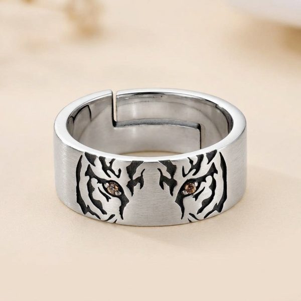 Bague de tigre argent en acier inoxydable à motif ajouré ajustable
