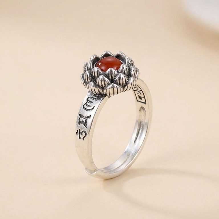 Bague-mantra-de-fleur-de-lotus-en-metal-argente-vieilli-avec-pierre-agate-picture-1-1