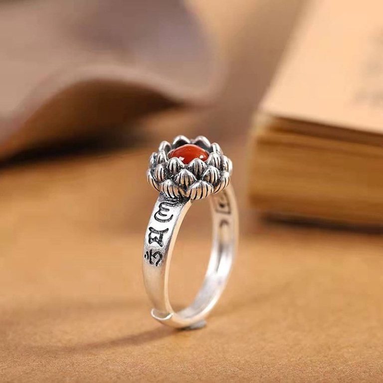 Bague-mantra-de-fleur-de-lotus-en-metal-argente-vieilli-avec-pierre-agate-picture-1