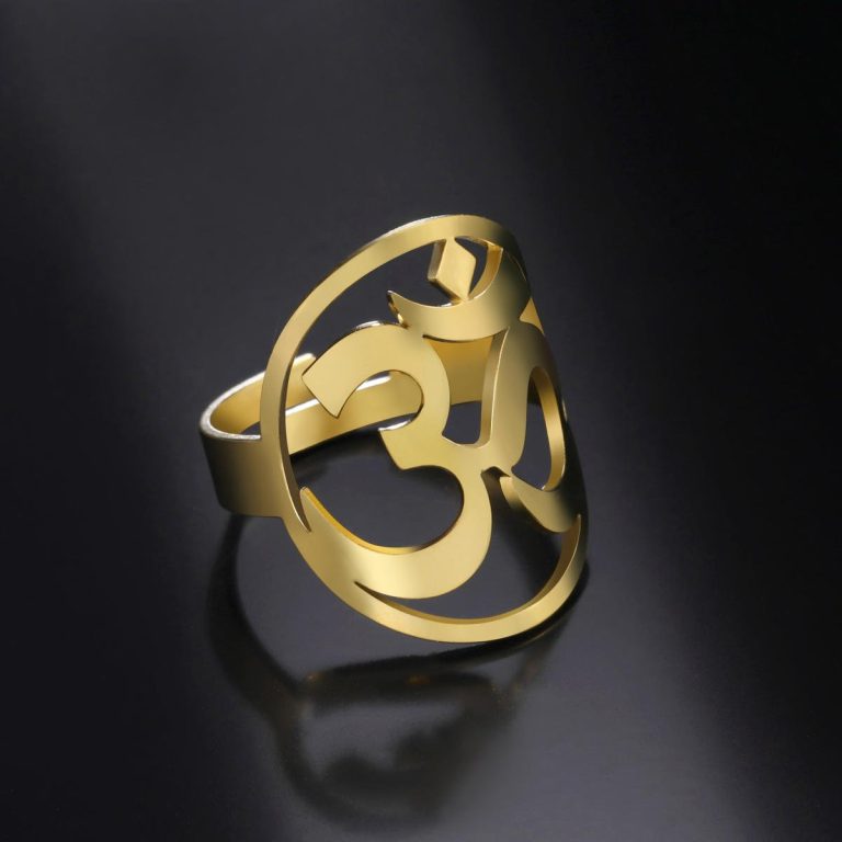 Bague spirituelle en acier inoxydable ajourée avec symbole Om ajustable - Or