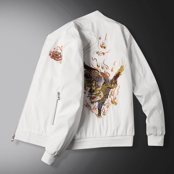 Blouson aviateur à broderie de dragon et flammes dorées au dos avec col montant