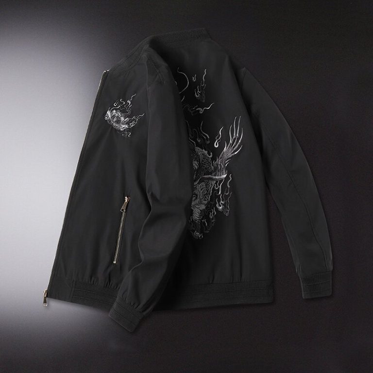 Blouson-aviateur-a-broderie-de-dragon-et-flammes-dorees-au-dos-avec-col-montant-picture-2