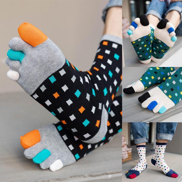 Chaussettes-a-cinq-doigts-en-coton-a-motifs-de-carres-multicolores-et-orteils-en-picture-1