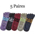 5 paires de chaussettes d'été invisibles pour hommes, en coton, rayures colorées, fines, douces, bouche peu profonde, respirantes, déodorantes, 5 doigts - Multicolor, 39-45