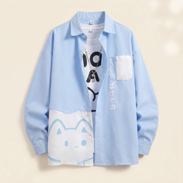 Chemise chat femme à imprimé kawaii et caractères japonais, coupe droite décontractée