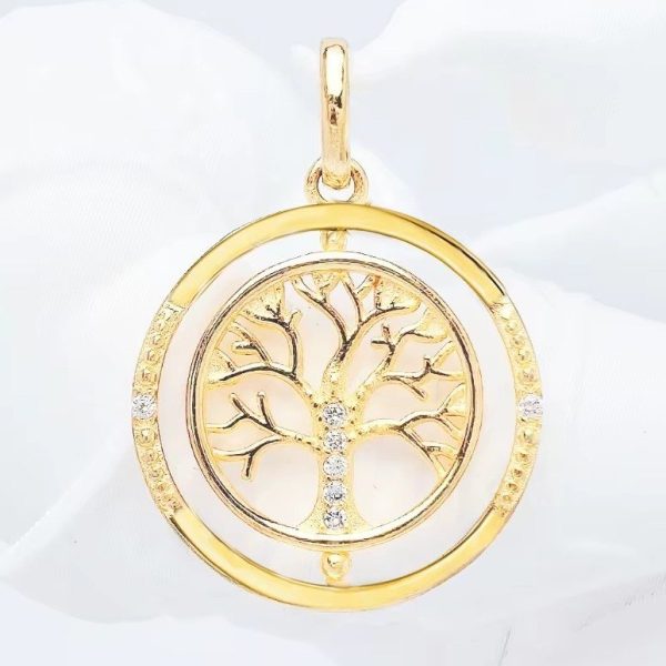 Collier arbre de vie en or avec pendentif pivotant orné de zircones et double anneau
