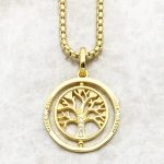Collier arbre de vie en or avec pendentif pivotant orné de zircones et double anneau - 90cm