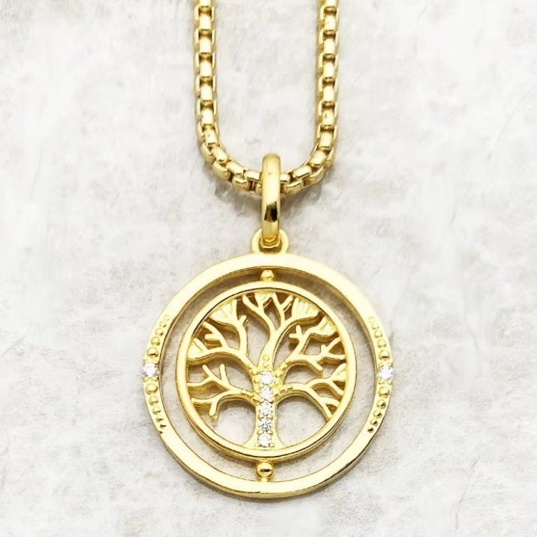 Collier arbre de vie en or avec pendentif pivotant orné de zircones et double anneau - 90cm