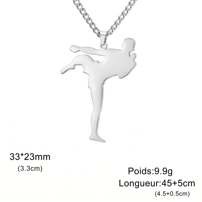 Collier arts martiaux avec pendentif coup de pied latéral en acier inoxydable ajouré - Coup de Pied avec Torse Argenté