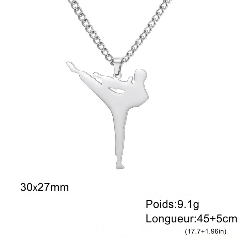 Collier arts martiaux avec pendentif coup de pied latéral en acier inoxydable ajouré - Coup de Pied Latéral Argenté