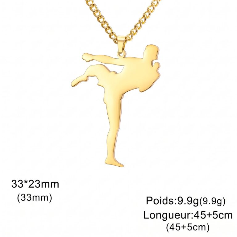 Collier arts martiaux avec pendentif coup de pied latéral en acier inoxydable ajouré - Coup de Pied avec Torse Doré
