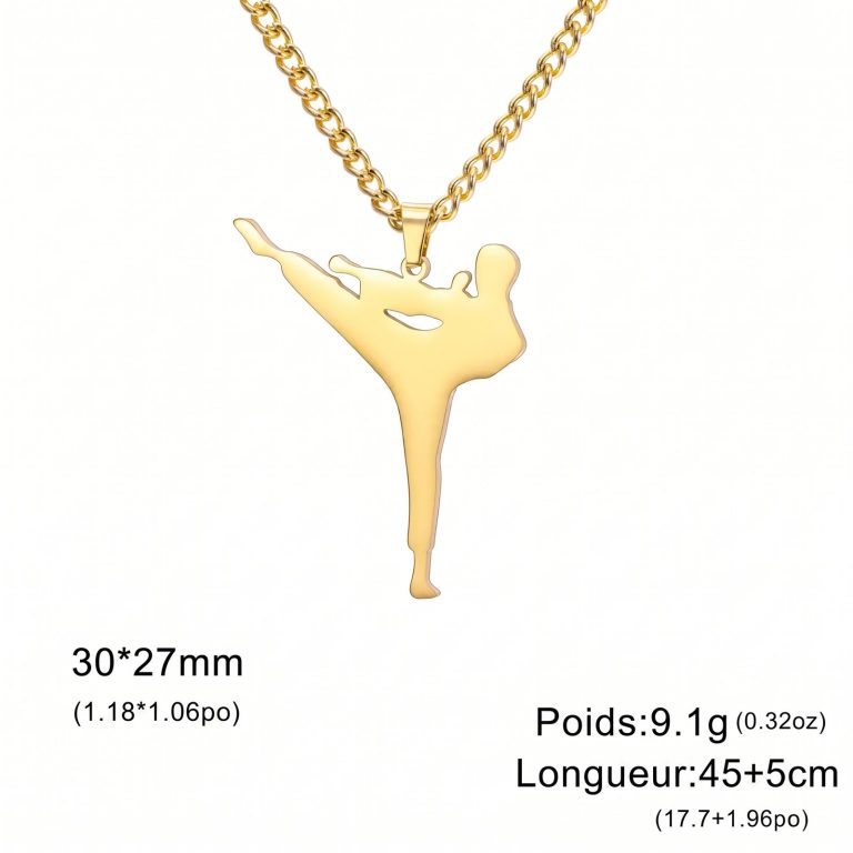 Collier arts martiaux avec pendentif coup de pied latéral en acier inoxydable ajouré - Coup de Pied Latéral Doré
