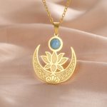 Collier-croissant-de-lune-en-acier-plaque-or-avec-fleur-de-lotus-et-pierre-turqu-picture-1