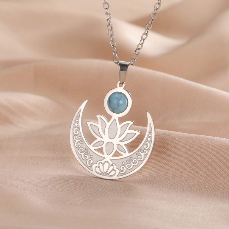 Collier-croissant-de-lune-en-acier-plaque-or-avec-fleur-de-lotus-et-pierre-turqu-picture-2
