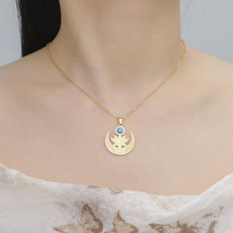 Collier-croissant-de-lune-en-acier-plaque-or-avec-fleur-de-lotus-et-pierre-turqu-picture-3