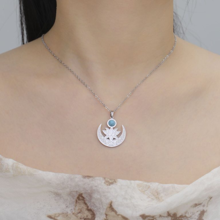 Collier-croissant-de-lune-en-acier-plaque-or-avec-fleur-de-lotus-et-pierre-turqu-picture-4