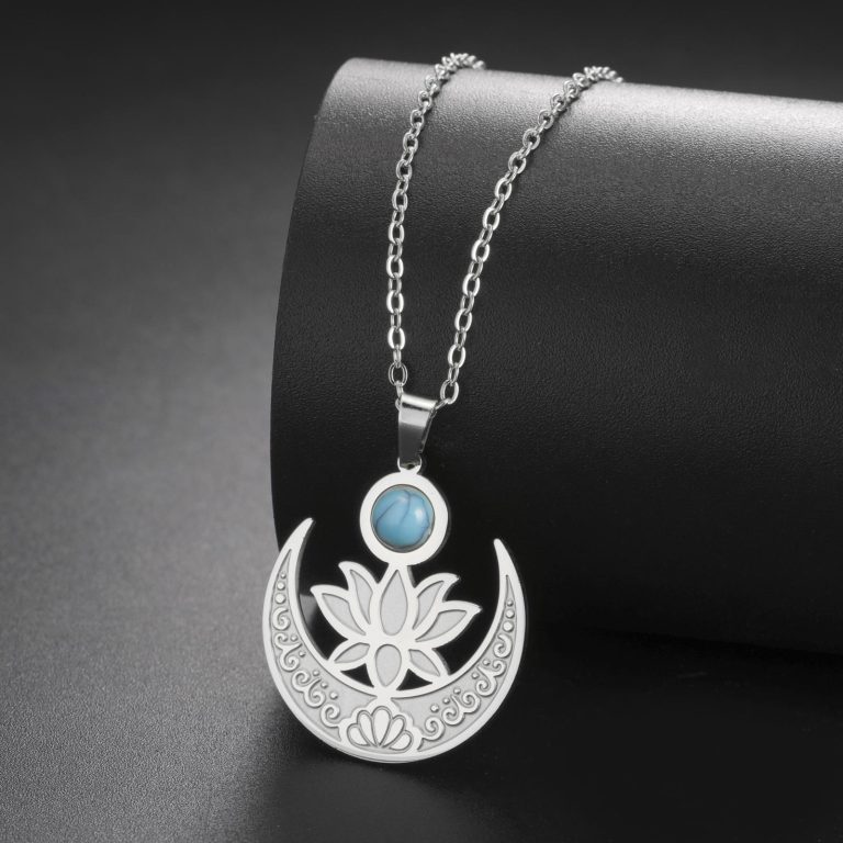 Collier-croissant-de-lune-en-acier-plaque-or-avec-fleur-de-lotus-et-pierre-turqu-picture-5