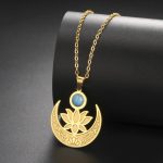Collier-croissant-de-lune-en-acier-plaque-or-avec-fleur-de-lotus-et-pierre-turqu-picture-6