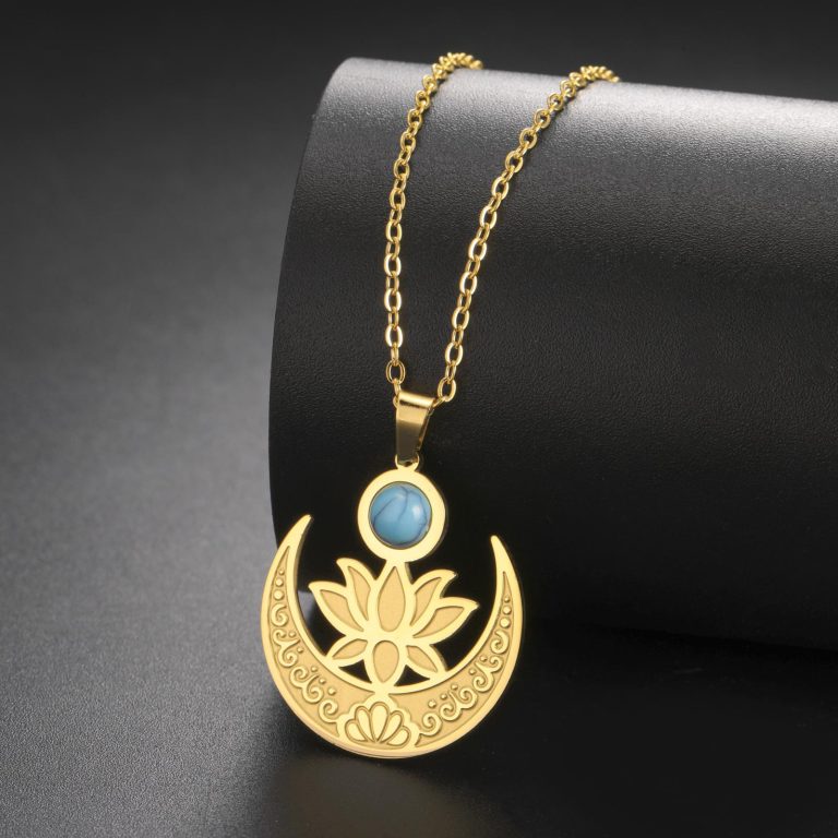 Collier-croissant-de-lune-en-acier-plaque-or-avec-fleur-de-lotus-et-pierre-turqu-picture-6