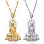 Collier-pendentif-bouddha-en-cuivre-plaque-avec-aureole-et-socle-de-lotus-ornes-picture-1