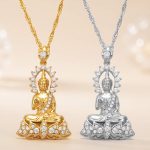 Collier-pendentif-bouddha-en-cuivre-plaque-avec-aureole-et-socle-de-lotus-ornes-picture-1-3