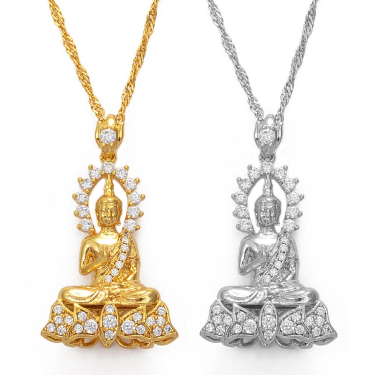 Collier-pendentif-bouddha-en-cuivre-plaque-avec-aureole-et-socle-de-lotus-ornes-picture-1