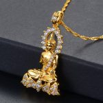 Collier-pendentif-bouddha-en-cuivre-plaque-avec-aureole-et-socle-de-lotus-ornes-picture-2
