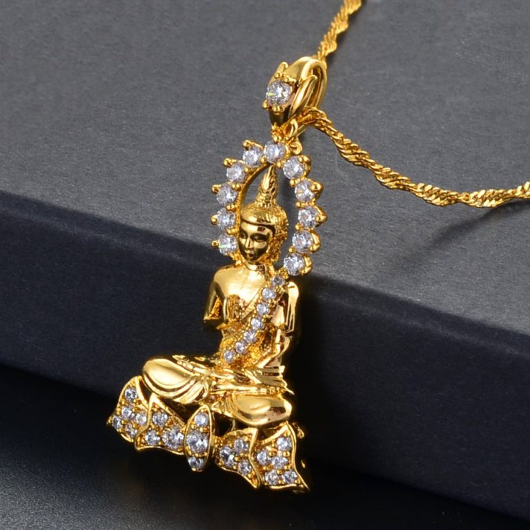 Collier-pendentif-bouddha-en-cuivre-plaque-avec-aureole-et-socle-de-lotus-ornes-picture-2