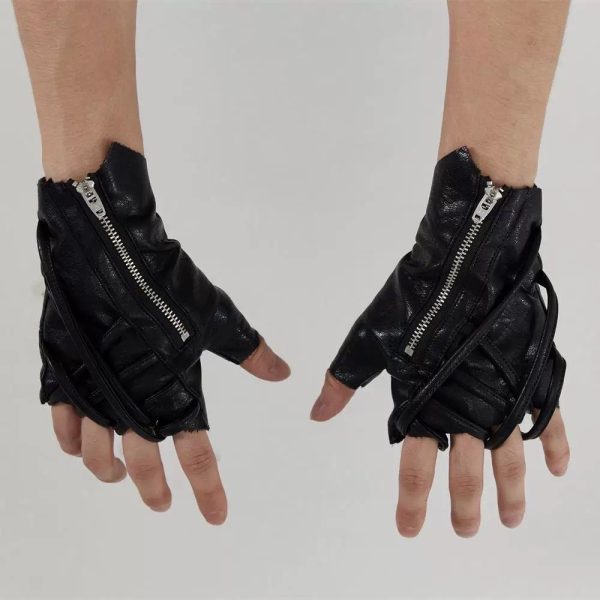 Gants sans doigts en cuir à effet matelassé et zip argenté