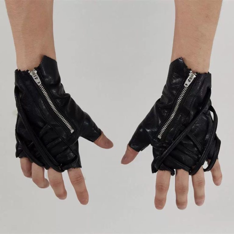 Gants-sans-doigts-en-cuir-a-effet-matelasse-et-zip-argente-picture-1