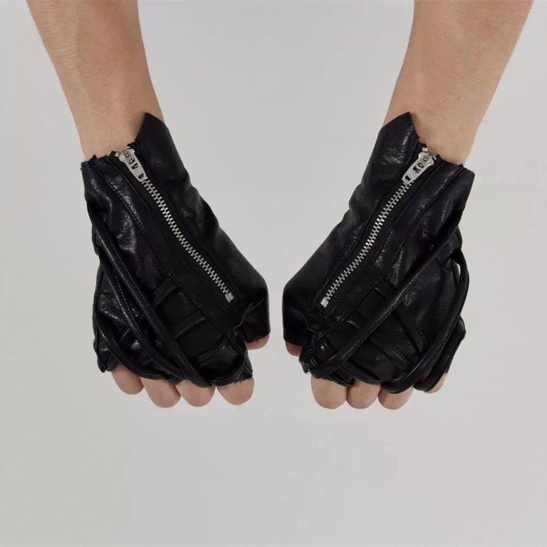 Gants-sans-doigts-en-cuir-a-effet-matelasse-et-zip-argente-picture-4