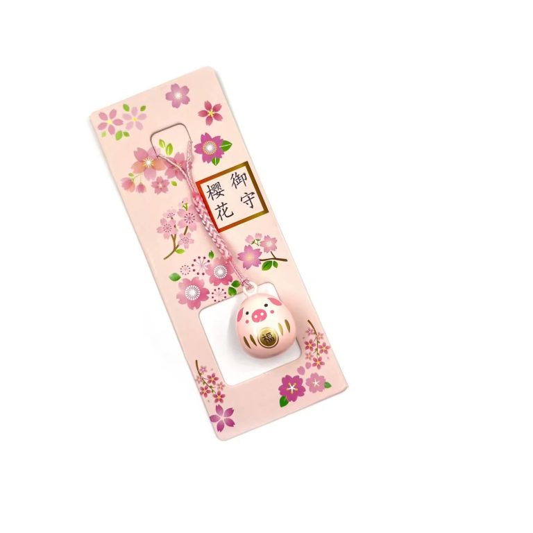 Grelot-daruma-porte-cles-kawaii-japonais-cochon-et-fleurs-de-cerisier-picture-3