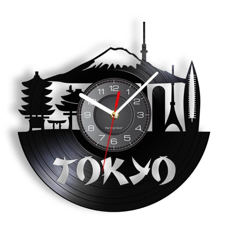 Horloge-murale-en-disque-vinyle-avec-skyline-de-Tokyo-picture-1