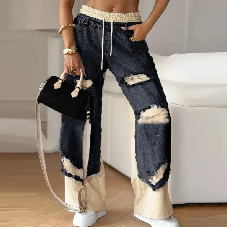Jean-dechire-femme-a-jambe-droite-avec-larges-dechirures-aux-cuisses-et-ceinture-picture-2