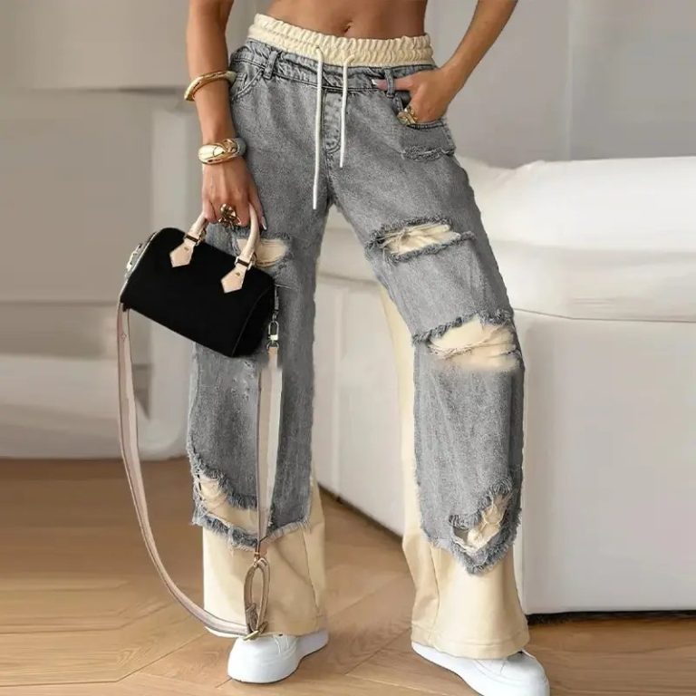Jean-dechire-femme-a-jambe-droite-avec-larges-dechirures-aux-cuisses-et-ceinture-picture-3