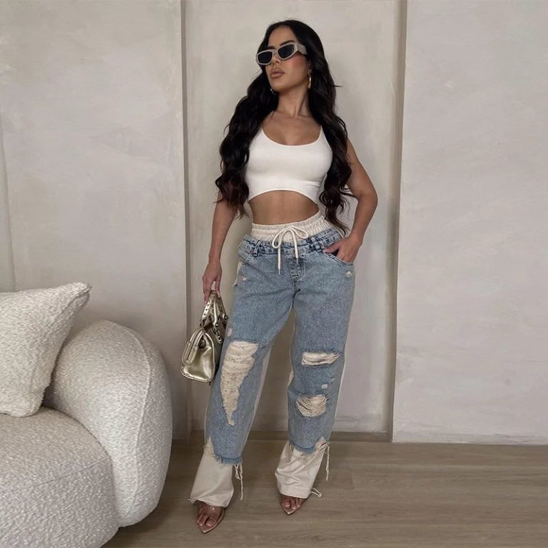 Jean-dechire-femme-a-jambe-droite-avec-larges-dechirures-aux-cuisses-et-ceinture-picture-4