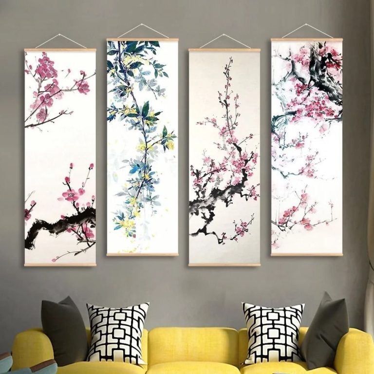 Kakemono-japonais-traditionnel-a-motifs-floraux-de-cerisier-et-de-prunier-picture-1
