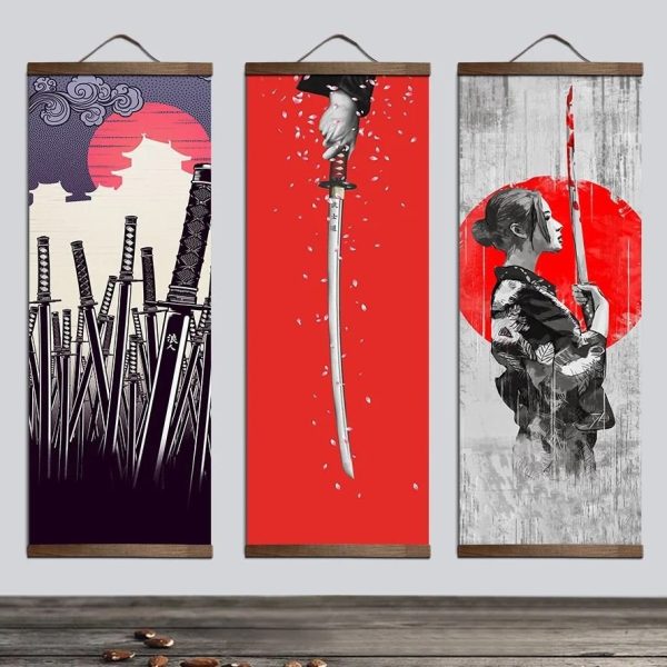 Kakemono mural à motifs de samouraï et katana sur toile textile suspendue en bois