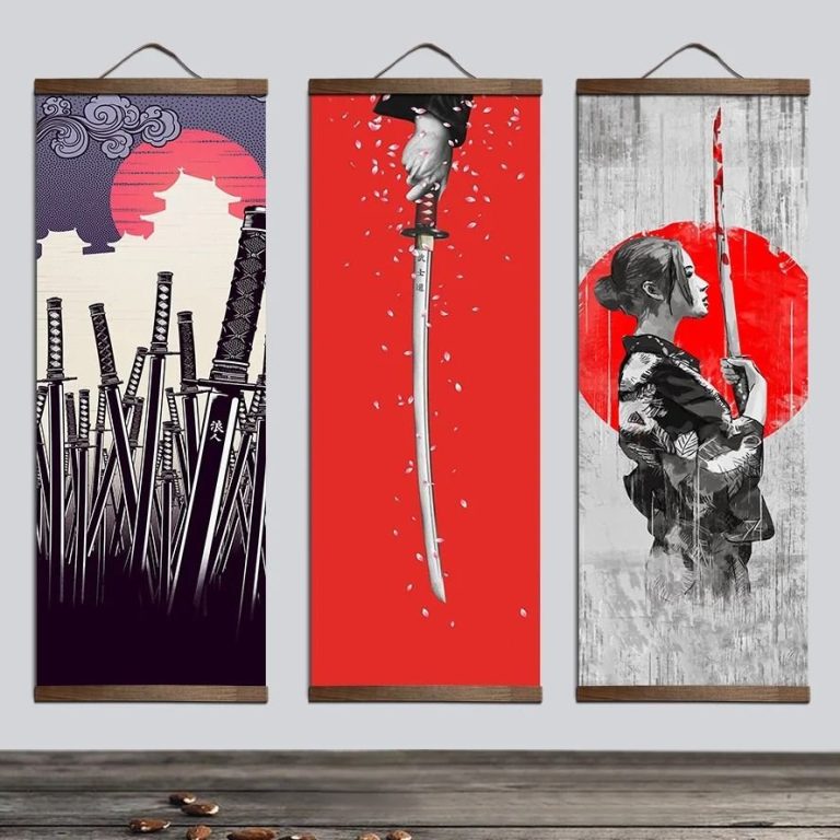 Kakemono mural à motifs de samouraï et katana sur toile textile suspendue en bois