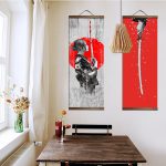 Kakemono mural à motifs de samouraï et katana sur toile textile suspendue en bois