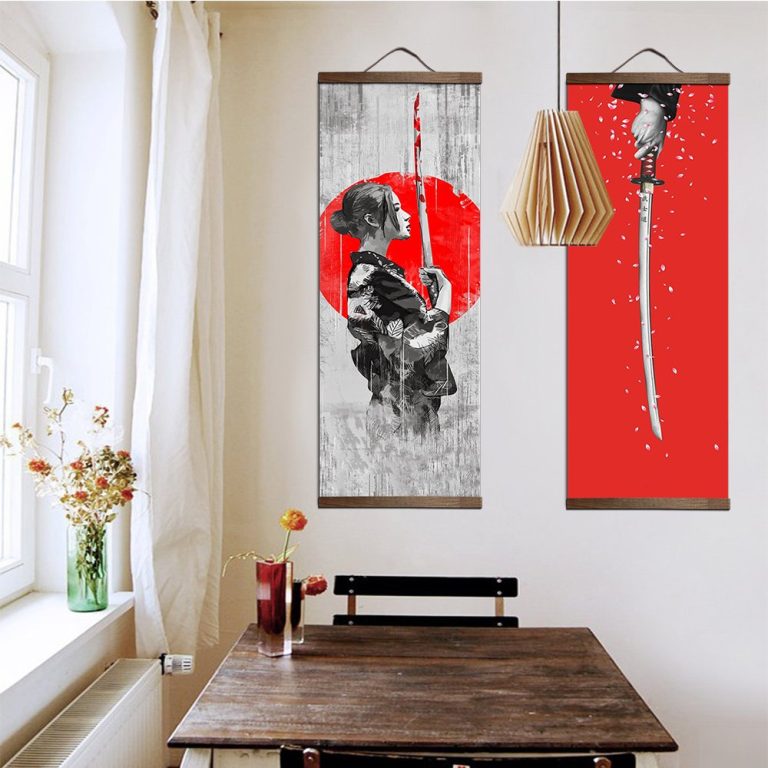 Kakemono mural à motifs de samouraï et katana sur toile textile suspendue en bois
