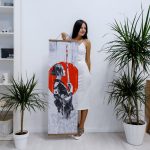 Kakemono mural à motifs de samouraï et katana sur toile textile suspendue en bois