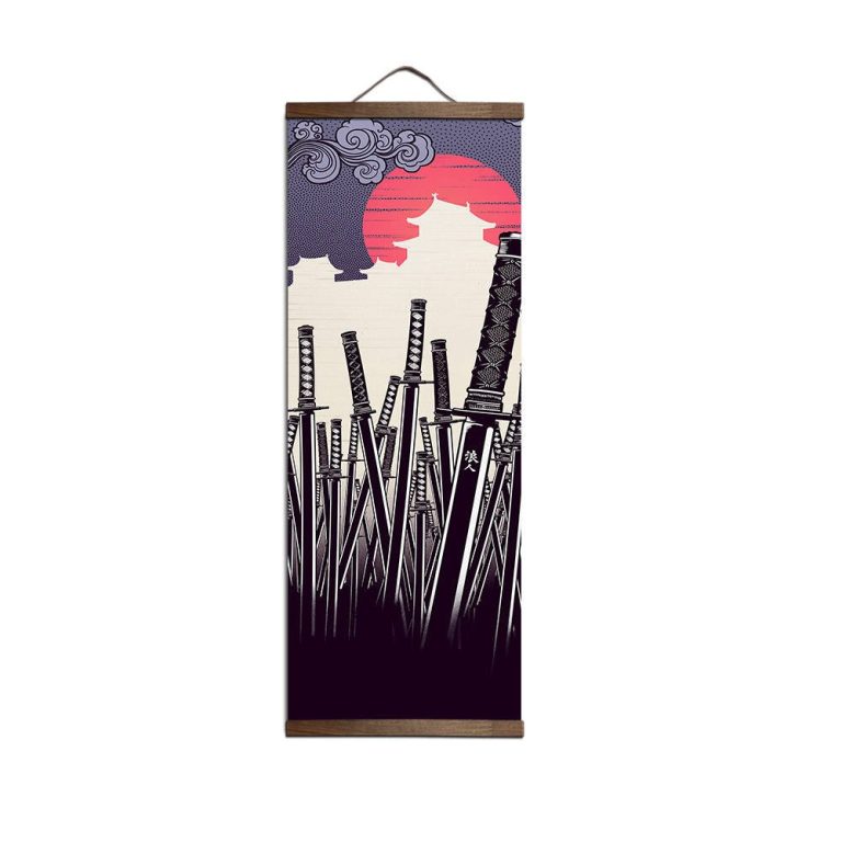 Kakemono mural à motifs de samouraï et katana sur toile textile suspendue en bois