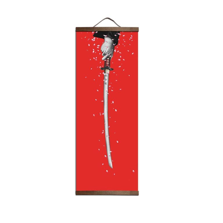 Kakemono mural à motifs de samouraï et katana sur toile textile suspendue en bois