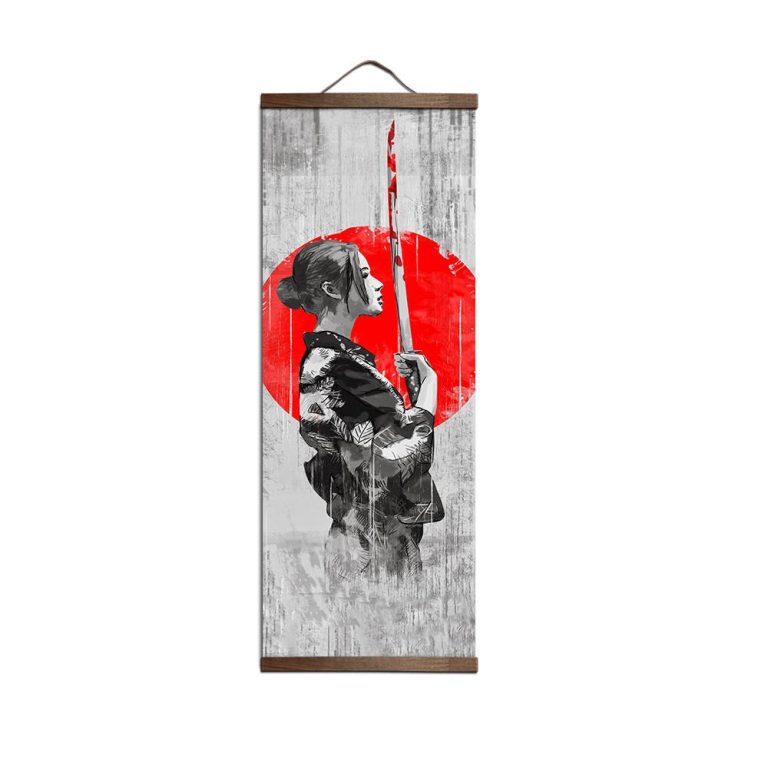 Kakemono mural à motifs de samouraï et katana sur toile textile suspendue en bois