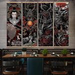 Kakemono-suspendu-japonais-dragon-samourai-ou-geisha-sur-fond-noir-picture-1