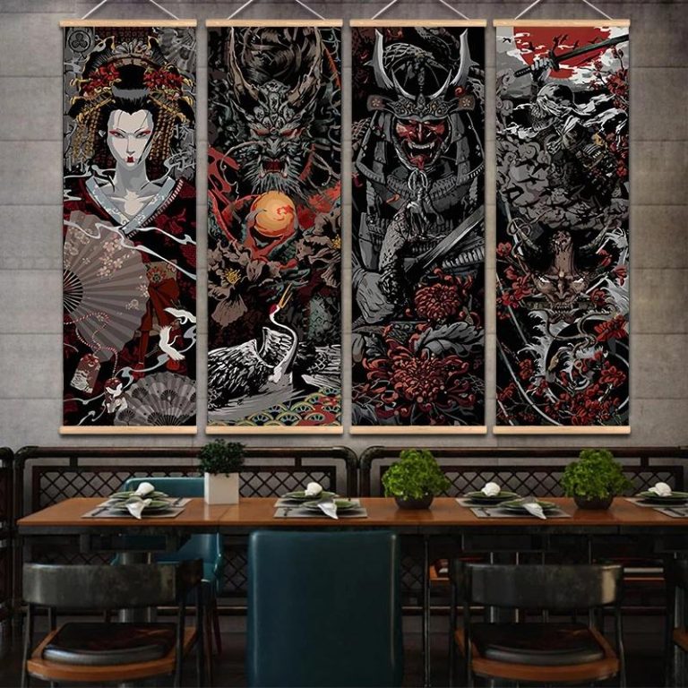 Kakemono-suspendu-japonais-dragon-samourai-ou-geisha-sur-fond-noir-picture-1