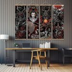 Kakemono-suspendu-japonais-dragon-samourai-ou-geisha-sur-fond-noir-picture-2