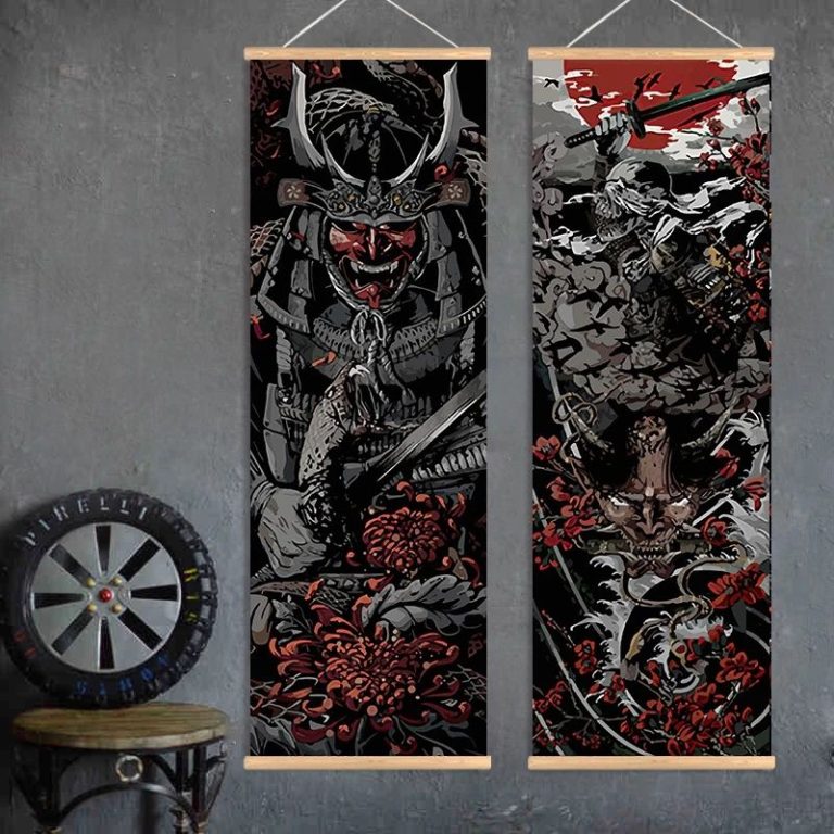 Kakemono-suspendu-japonais-dragon-samourai-ou-geisha-sur-fond-noir-picture-3